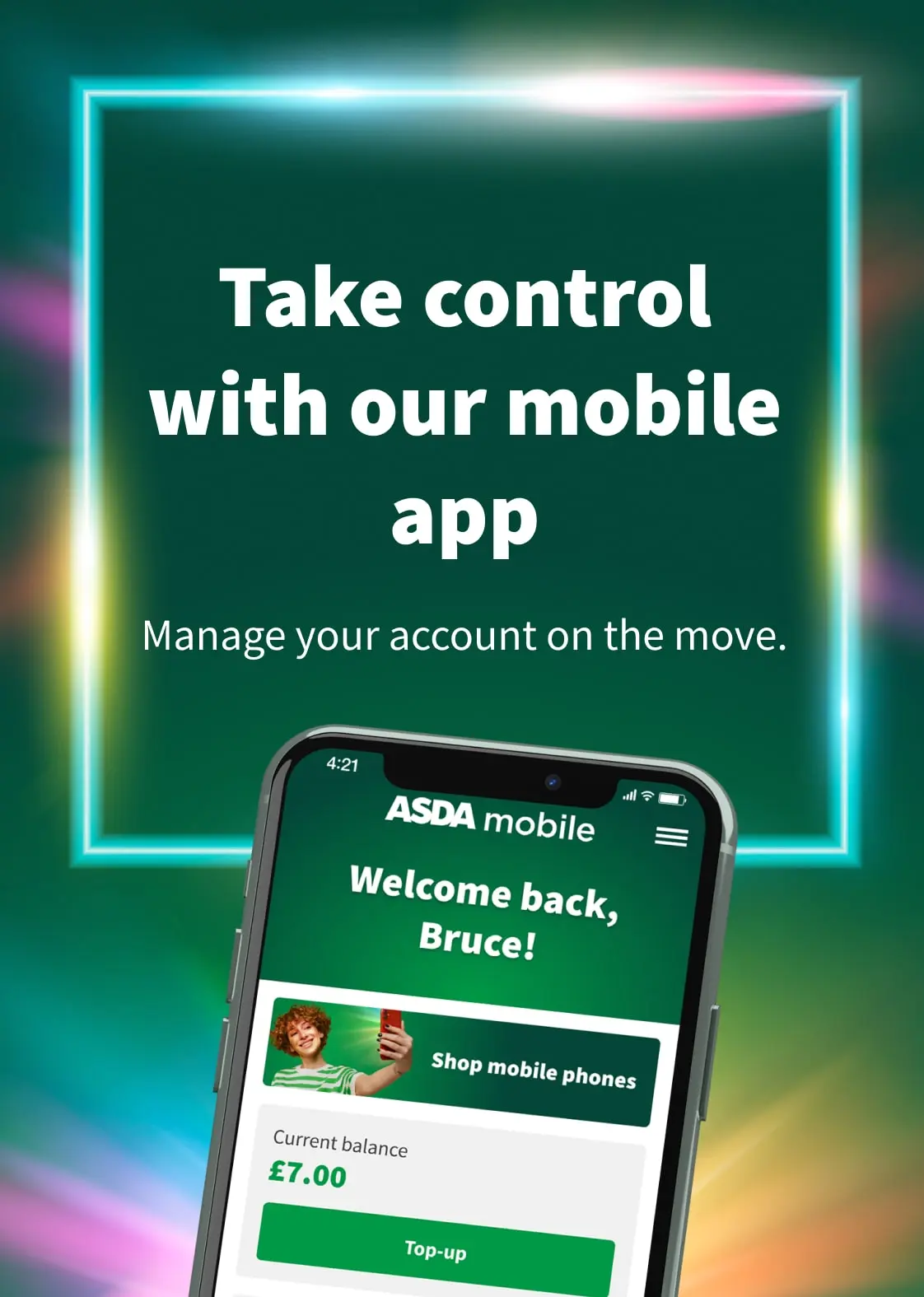 The Asda Mobile app showing the main overview screen being used on an Apple iPhone.