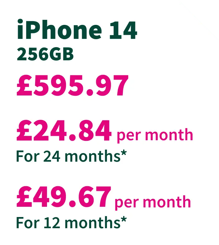 iPhone 14 256GB from £29.09 per month.